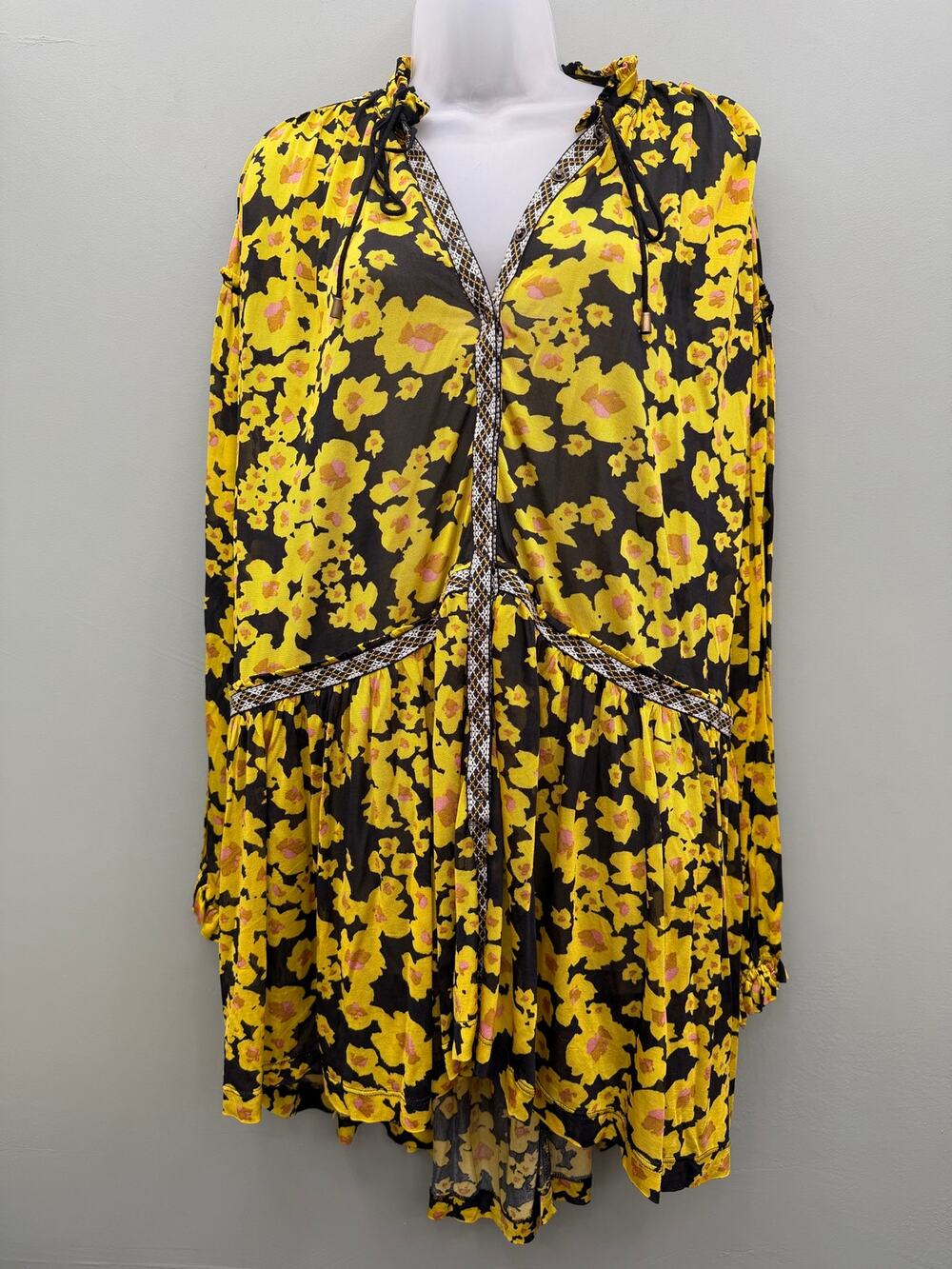 Free People Floral Sheer Tunic Blouse Medium Balloon Sleeve Boho Yellow Black